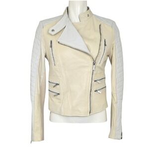 BCBGMAXAZRIA Women's Cream Quilted Leather Biker Moto Jacket S